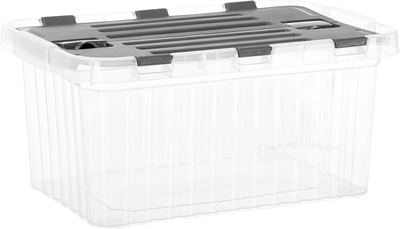 Superio Storage Box with Hinged Lids, Plastic Container Bins for Organizing with Attached Lid, Stackable Crates, BPA Free, Organizers for Home and Dorm, 10.5 Quart (Clear with Grey Lids, 15"x10"x7")