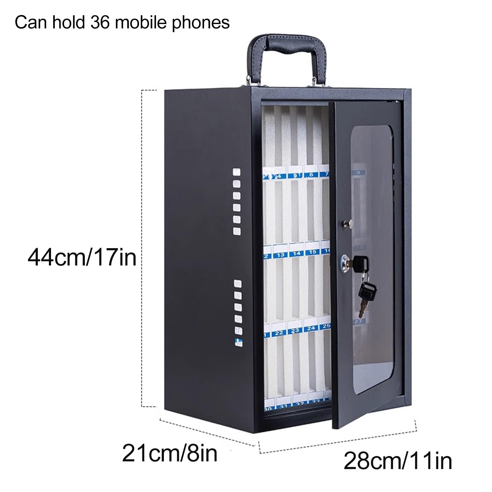 Armadietto di Sicurezza in Acciaio da Parete per cellulari con 12/24/36/48/60 Scomparti, Organizer Sicuro per scuole, uffici ed Eventi. Dimensioni: 28x21x44 cm/11x8x17 Pollici.