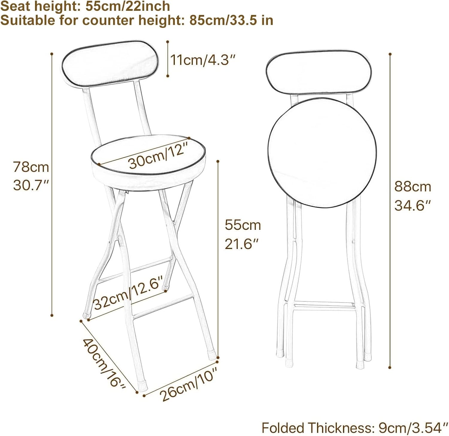 Folding Barstool with Backrest, Portable Breakfast Kitchen Counter Height Bar Stool with Footrest, PU Cushioned Seat Chair for Dorm, Recreation Game Room(Black+White,Sitting Height:22in)