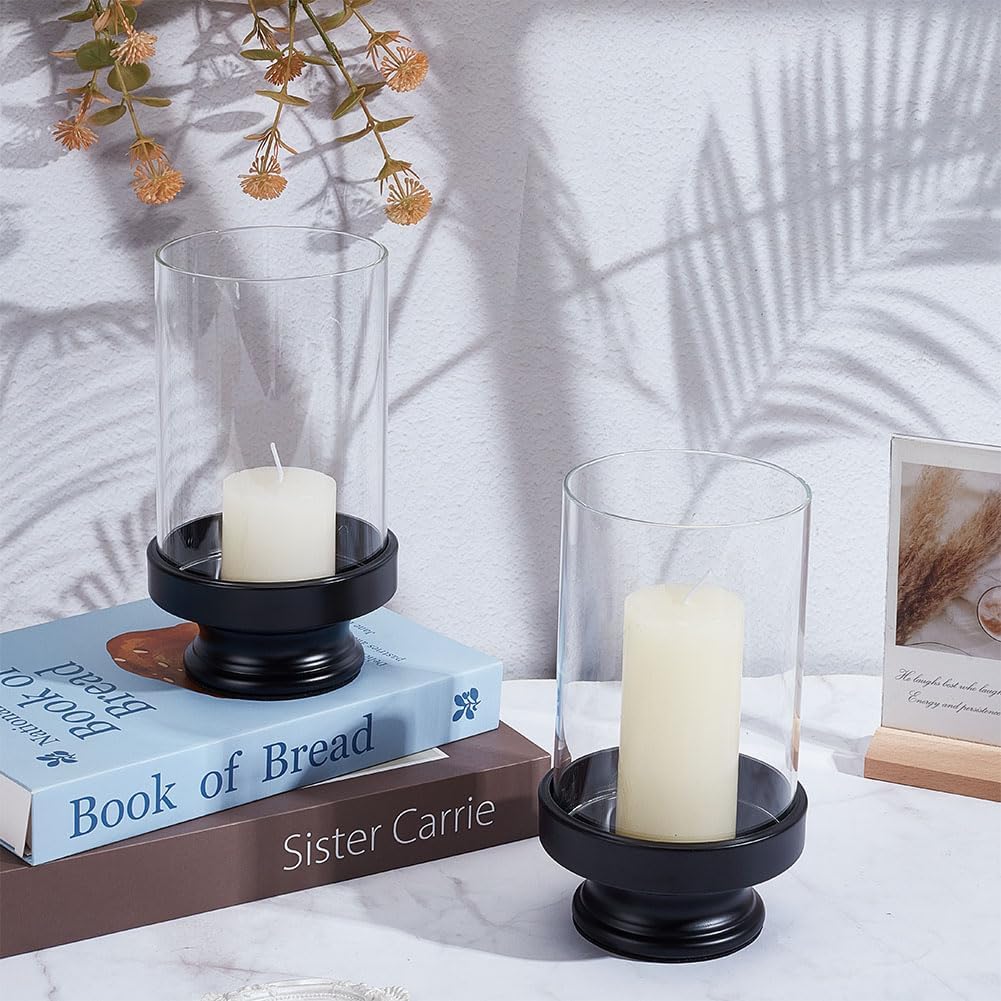 2PCS Black Hurricane Glass Candle Holders, Candle Sticks Holder Decor for Wedding Tables Centerpieces, Minimalist Modern Glass Candle Holders for Pillar Candles, Perfect for Home Decor