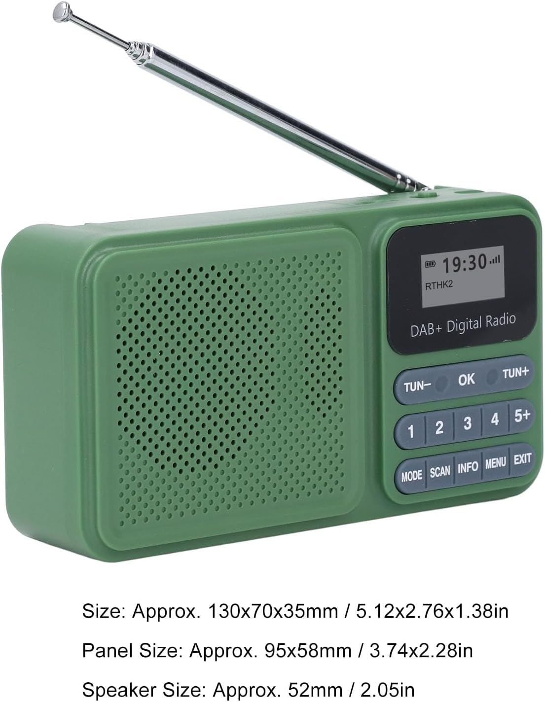 Radio with dimensions overlay: 130x70x35mm