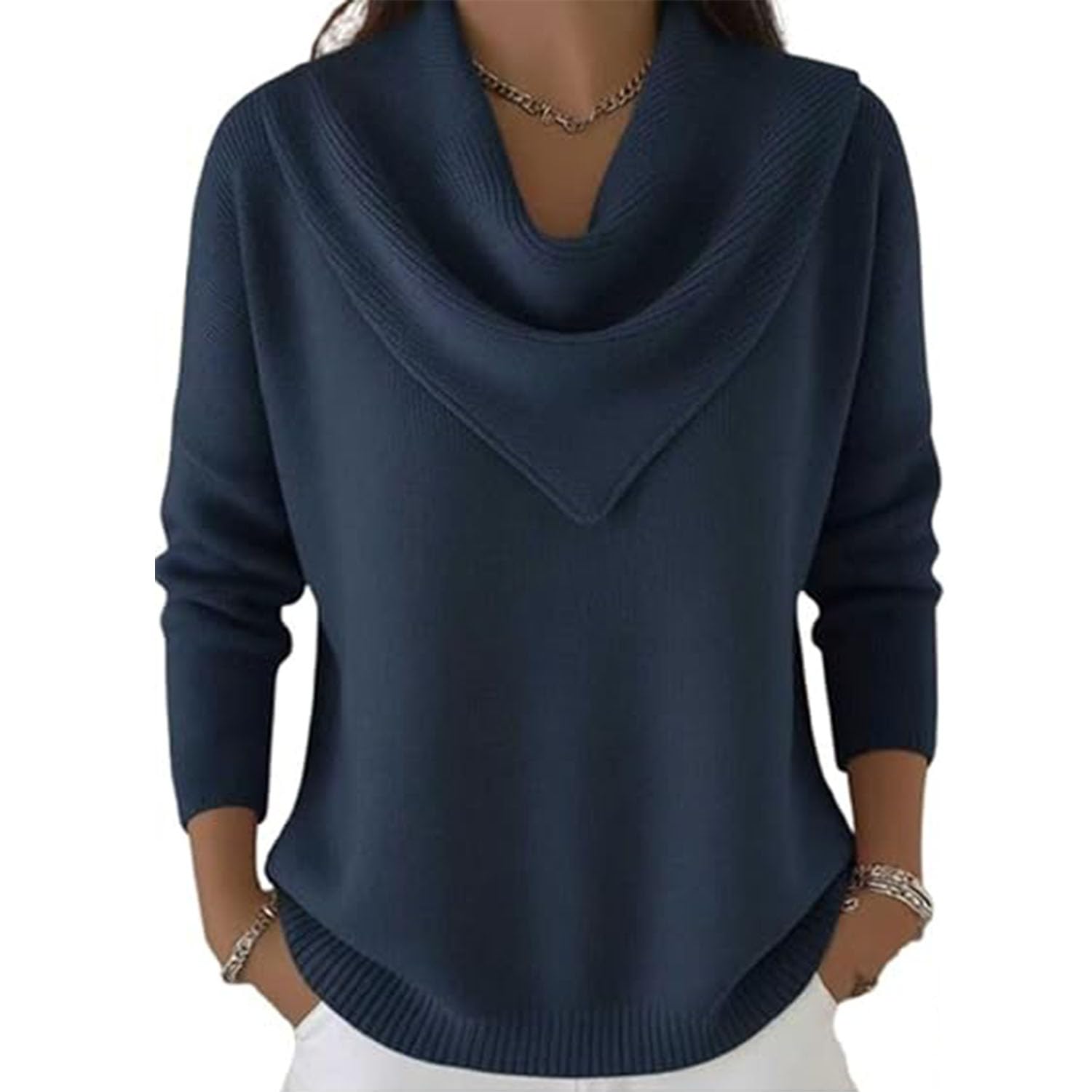 2026 New Elegant Retro Soft Triangle Neck Solid Color Sweater Top Cozy Knitted Casual Clothes Pullover for Women