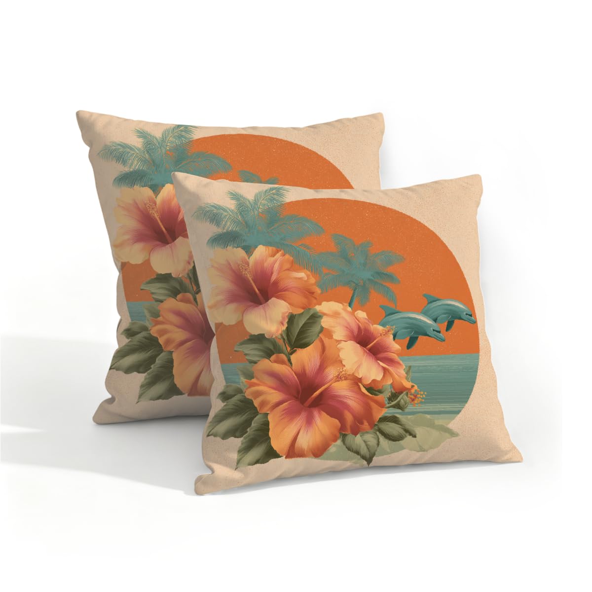 Outdoor Pillow Covers Waterproof Pillowcases 16x16in Set of 2 Ocean Sunset Flowers Dolphins On Retro Decorative Throw Cushion Case for Couch Sofa Garden Patio Furniture