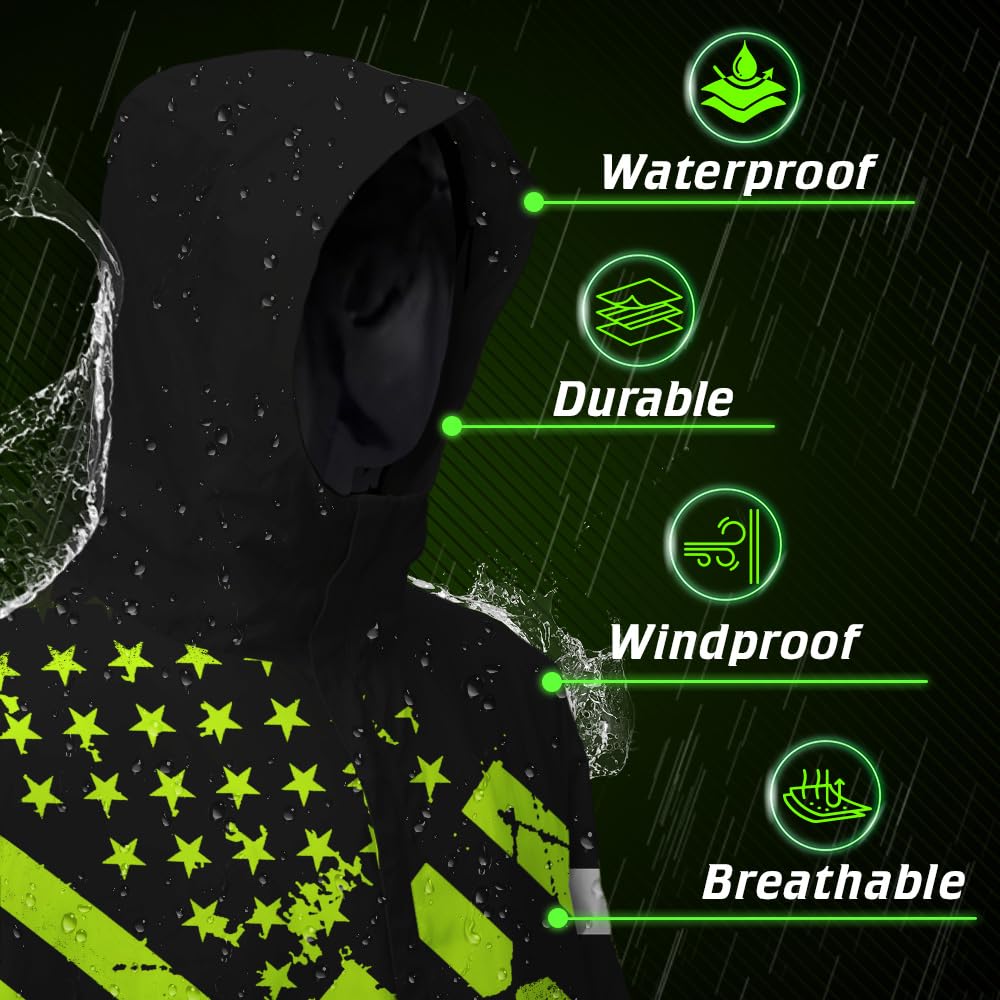 HiVis Custom Hi Vis Jacket Waterproof And Windproof Reflective Green Black USA Flag For Men, Construction Workwear For Workers, Truckers, Operators, Patriotic-S