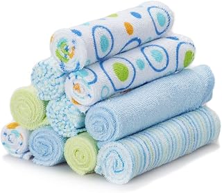 Spasilk Washcloth Wipes Set for Newborn Boys and Girls, Soft Terry Washcloth Set, Pack of 10, Blue Circles