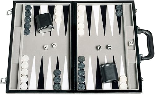 Juego de backgammon de viaje, cuero sintético, campo de juego de terciopelo, 15 pulgadas, negrogris