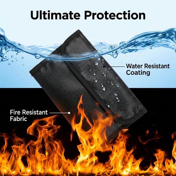 Bolsa para documentos ignífuga e impermeable diseñada para ofrecer una protección fiable de objetos importantes como pasaportes, dinero en efectivo, tarjetas, certificados y otros documentos personale