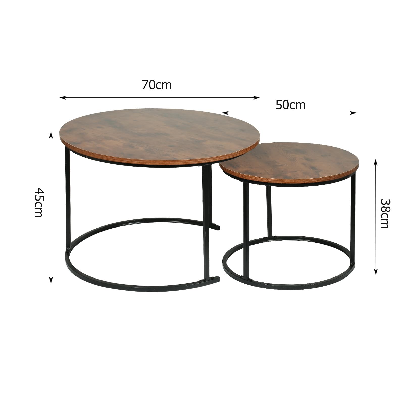 OHMG Lot de 2 Tables Basses gigognes,Table Basse Ronde,Empilable,Design Industriel,Table Basse de Salon,Pieds en métal,Tables de d'appoint,70/50CM Effet marbre (Bois foncé+Noir-70 * 70 * 45cm)