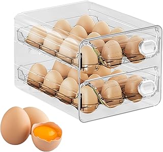 冷蔵庫用卵容器 - 透明 積み重ね可能 引き出し式 ディスペンサー | 冷蔵庫用卵整理オーガナイザー,キッチン テーブル カウンター アウトドア 調理 用