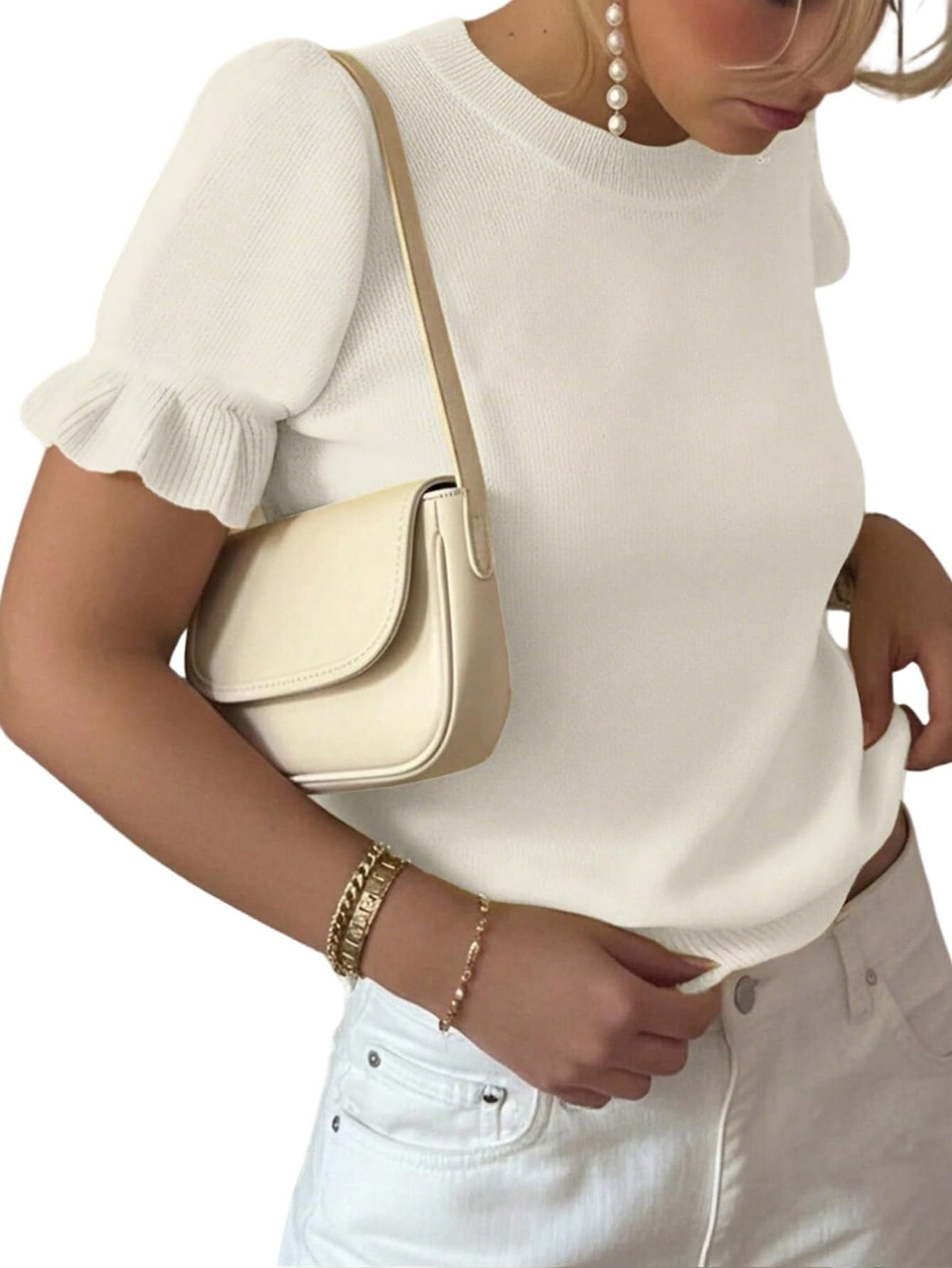 GORGLITTER Maglia da donna a costine, a maniche corte, per autunno e estate, slim fit, con maniche a balze, per il tempo libero, stile casual