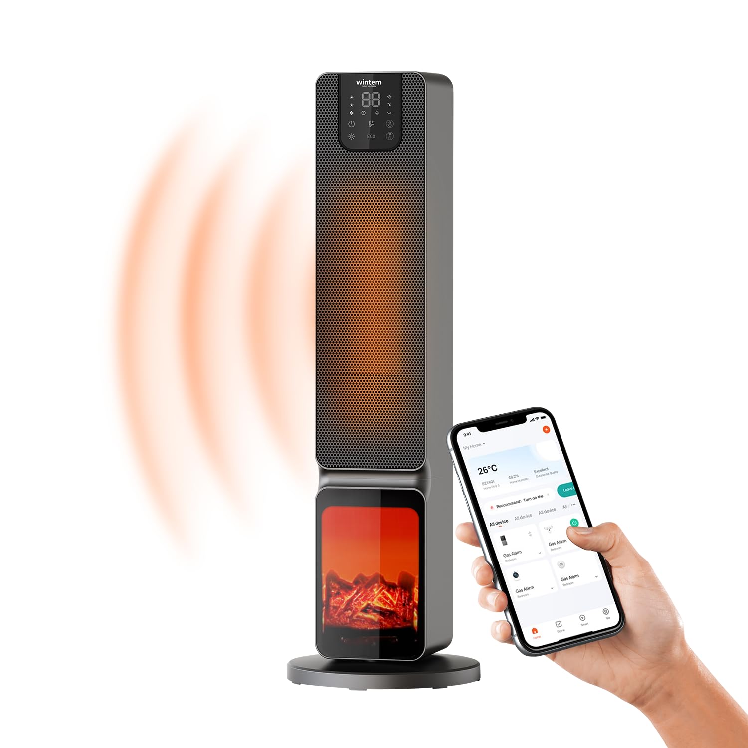 Stufa a Torre con Effetto fiamma e Controllo da Smartphone con App Caminetto Elettrico Doppia Potenza 800/2000W Display a LED con Telecomando