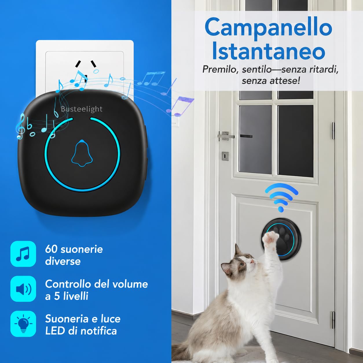 A6 BK Campanello per Uscire Cane Senza Fili 300 m – Campanello Educazione Cane con LED, 60 Melodie, Impermeabile, Accessorio per Addestramento Cane Toilette (1 Campanello e 2 ricevitori)