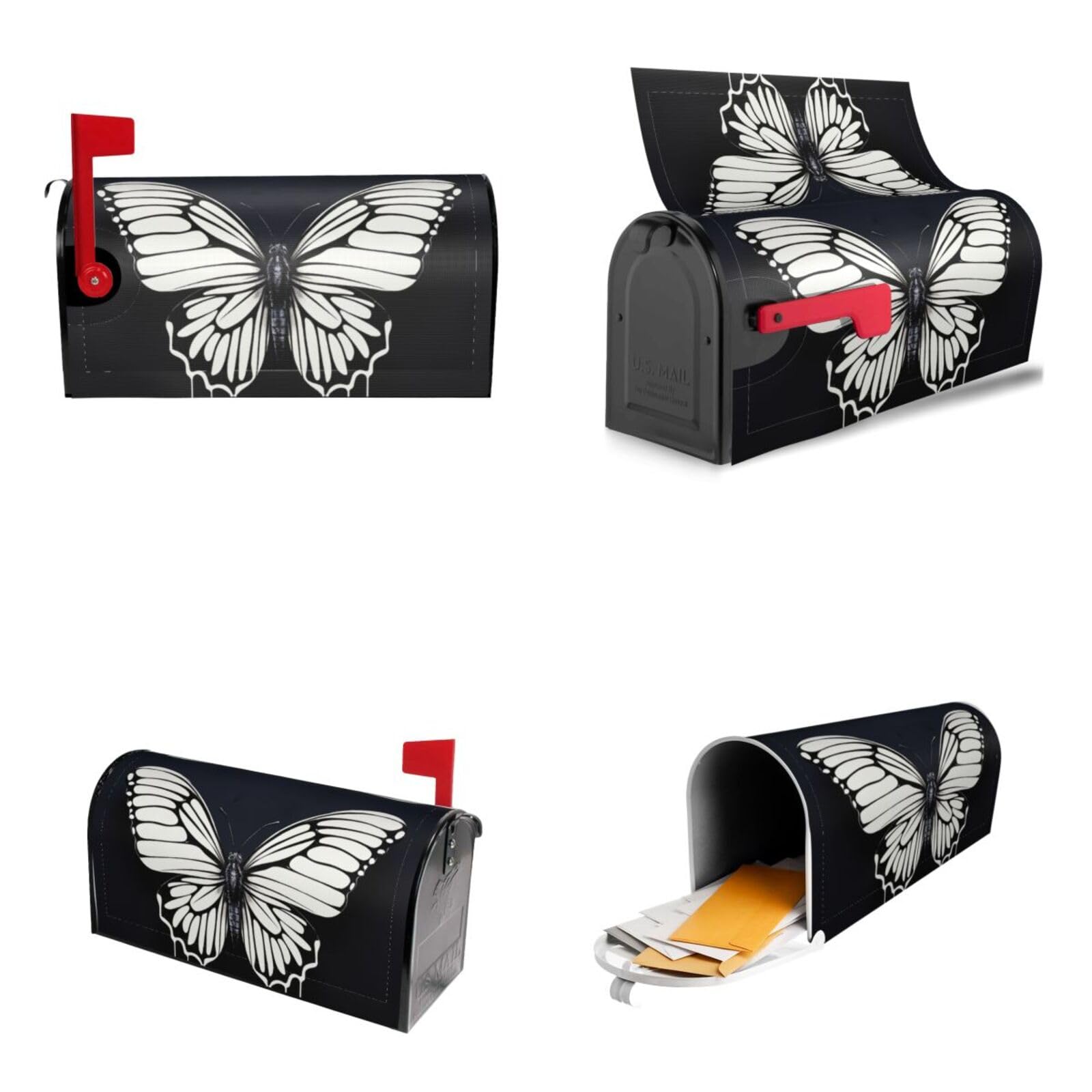A Black and White Butterfly Mailbox Covers Magnetic Wraps Post Letter Box Cover Garden Home Decor 25.5x21 in