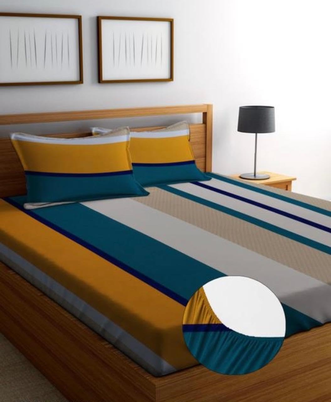 NEW TOWN Cotton Feel Glace Cotton Elastic Fitted Printed King Size Double Bed Bedsheet with 2 Pillow Covers and Fits Upto 8 inches Mattress, Size- 72"x78" Safari 2992-picture-15