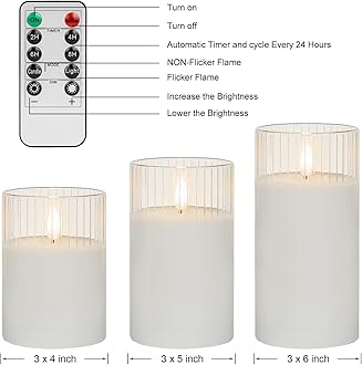 ANGELLOONG White Flameless Candles with Timer, Glass Flickering LED Candle with Remote, Set of 3 Battery Operated Pillar Candles for Bathroom Bathtub Home Decor Wedding Christmas Decoration