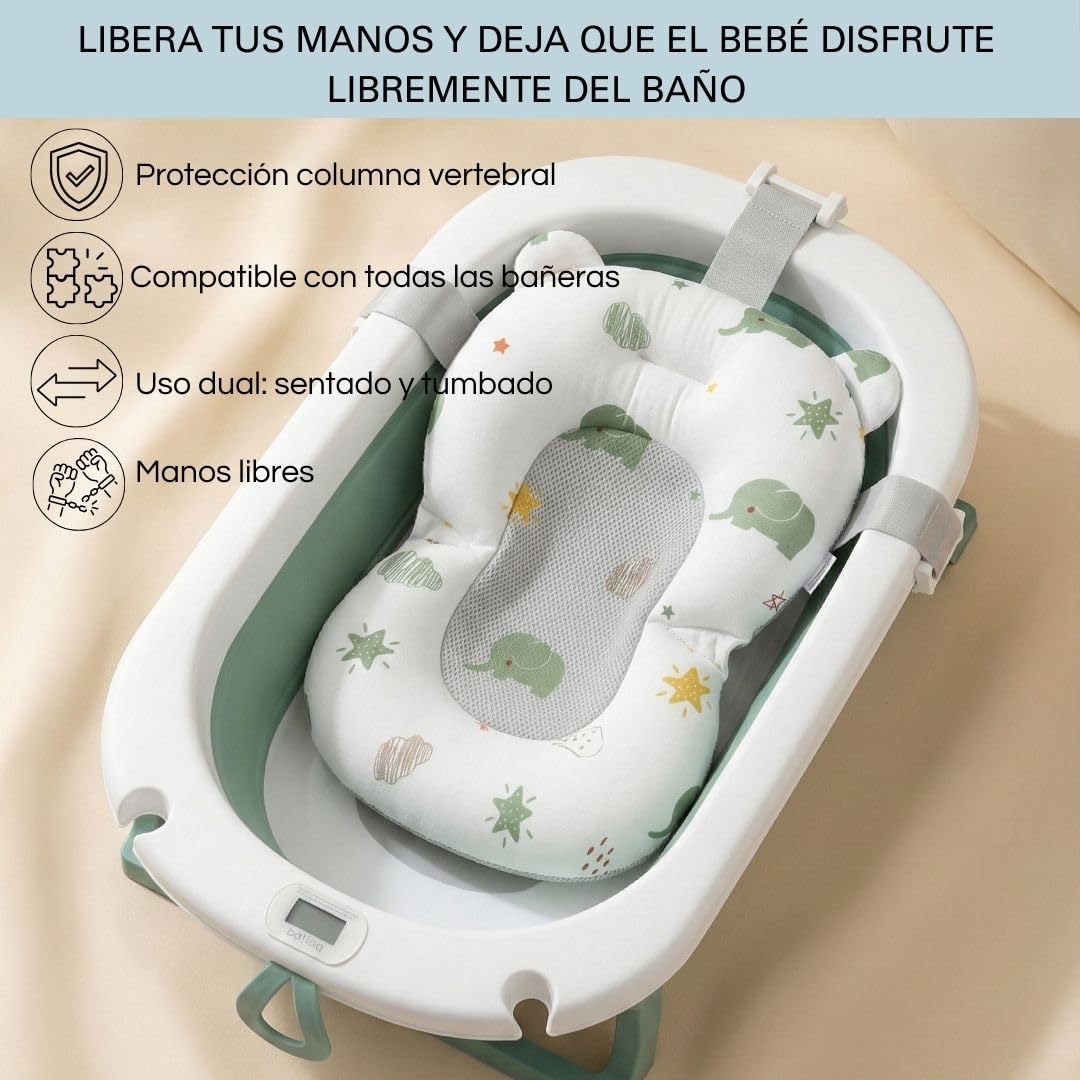 BATHBY | Cojín para Bañera de Bebé – Soporte Recién Nacido, Asiento Ergonómico, Ajustable y Portátil con Malla Antideslizante, Almohada Reductora, Hamaca de Ducha + Patito de Goma (Elefantes)
