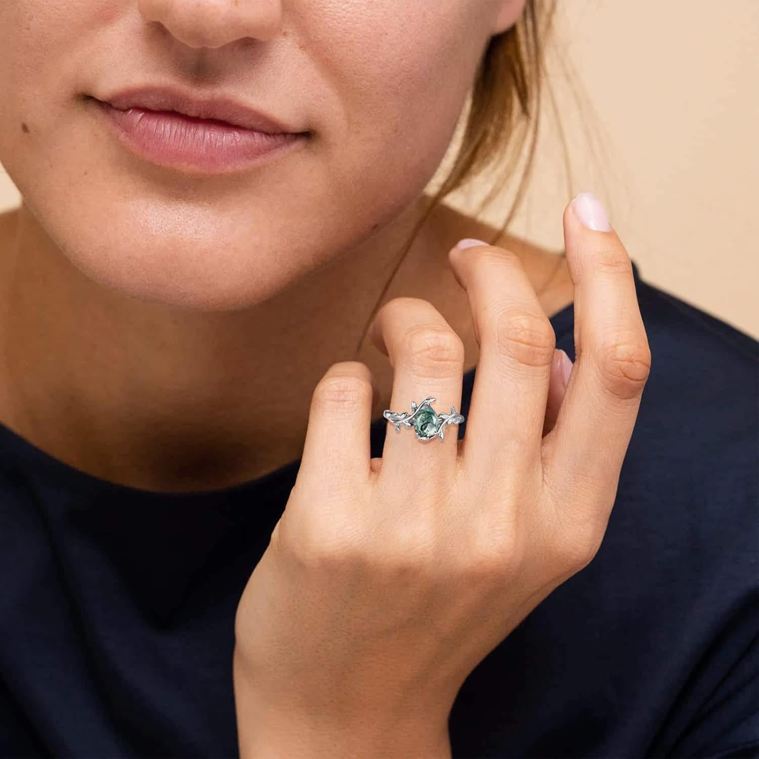 10K 14K 18K Gold 1.5CT Natural Moss Agate Ring for Women Genuine Inspired Leaf Kite/Oval/Pear Cut Green Moss Agate Engagement Wedding Ring 925 Sterling Silver Promise Jewelry Gift
