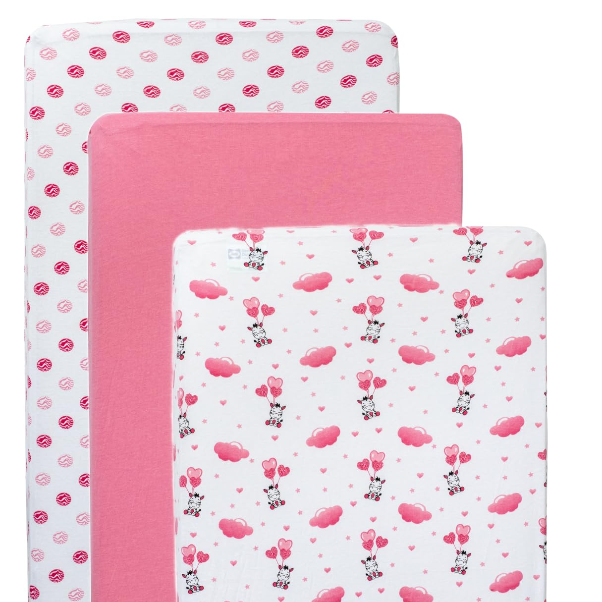 JABMARS Sábanas para cuna (paquete de 3) – Sábanas bajeras de algodón suave para cuna de bebé | Bonitas sábanas y colchón de cama infantil | Juego de ropa de cama para cuna de bebé niña | Cebra rosa
