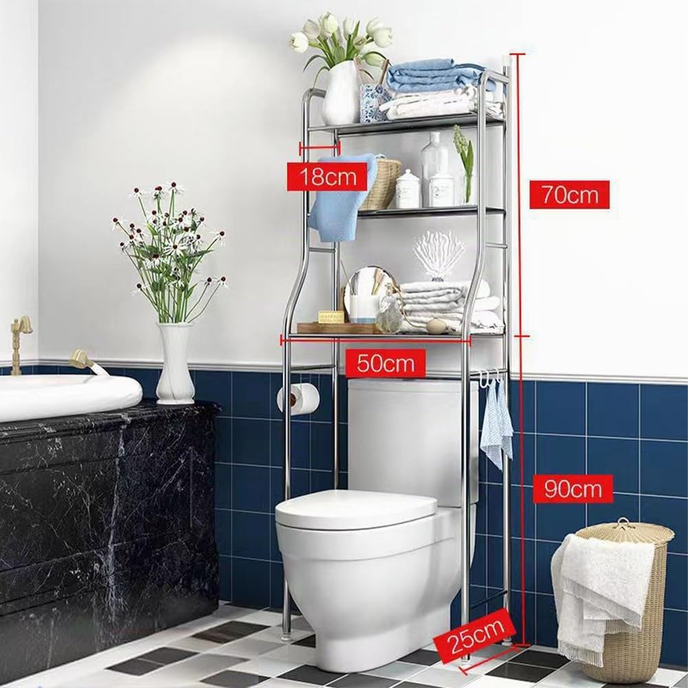 Meuble De Rangement Au-Dessus des Toilettes, MéTal Meuble WC Rangement Gain De Place, Armoire Toilette WC Meuble Salle De Bain Rangement Toilette avec 3 Niveaux, Argent, 50x25x160 cm