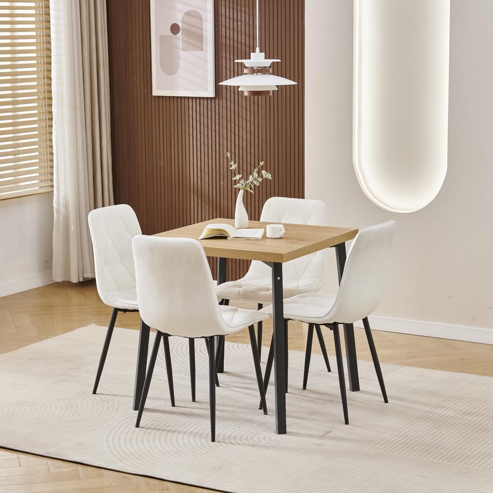 Redd Royal Small Square Dining Table and Chairs Set of 4, Modern 5 Pieces Compact Wood Kitchen Table Set for 4 People (oak table with 4 white velvel chairs) — image 1