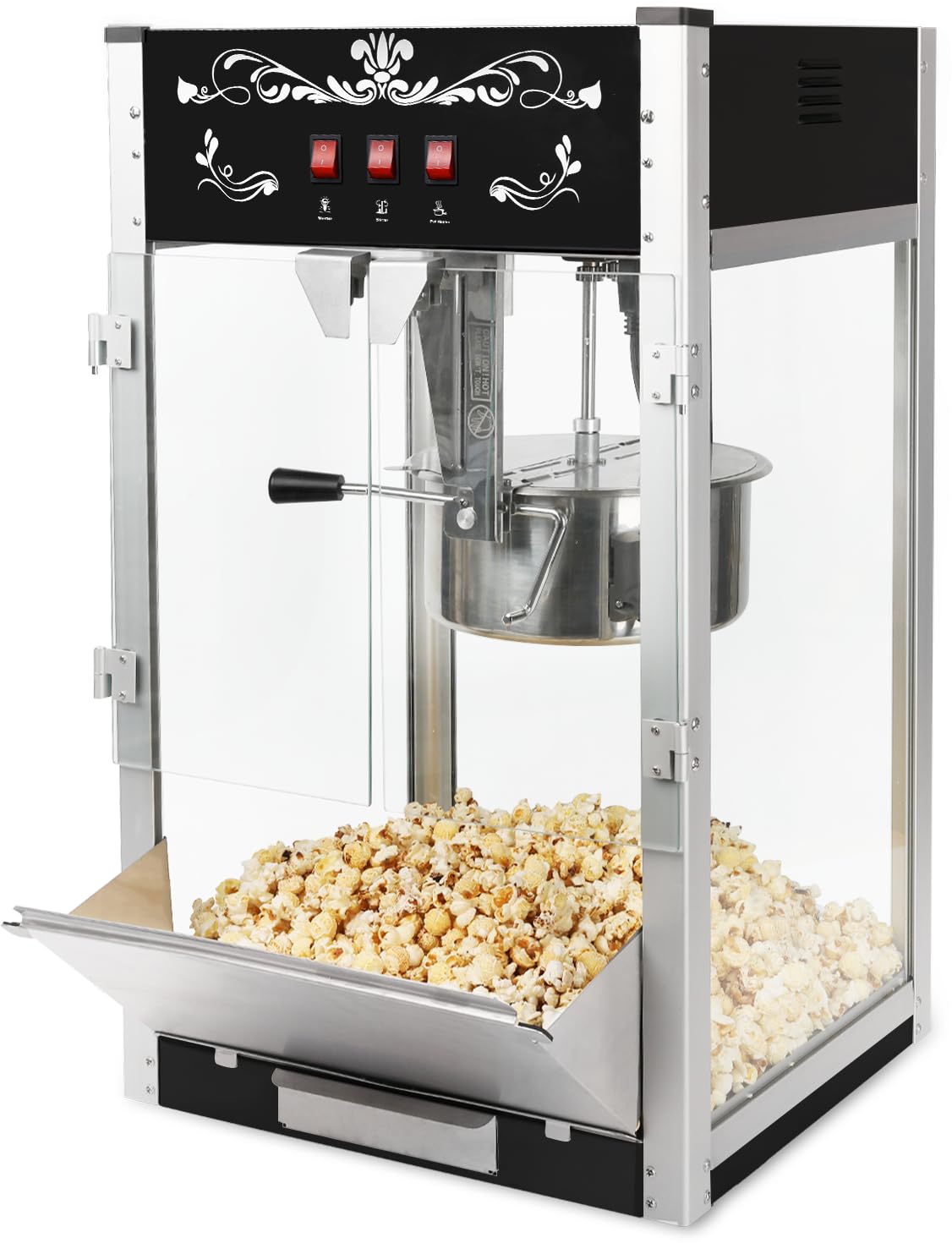 Popcorn Machine with Cart Wheels Popcorn Maker with Stainless Steel Kettle Popcorn Popper for Home, Theater, Parties (16OZ, Black)