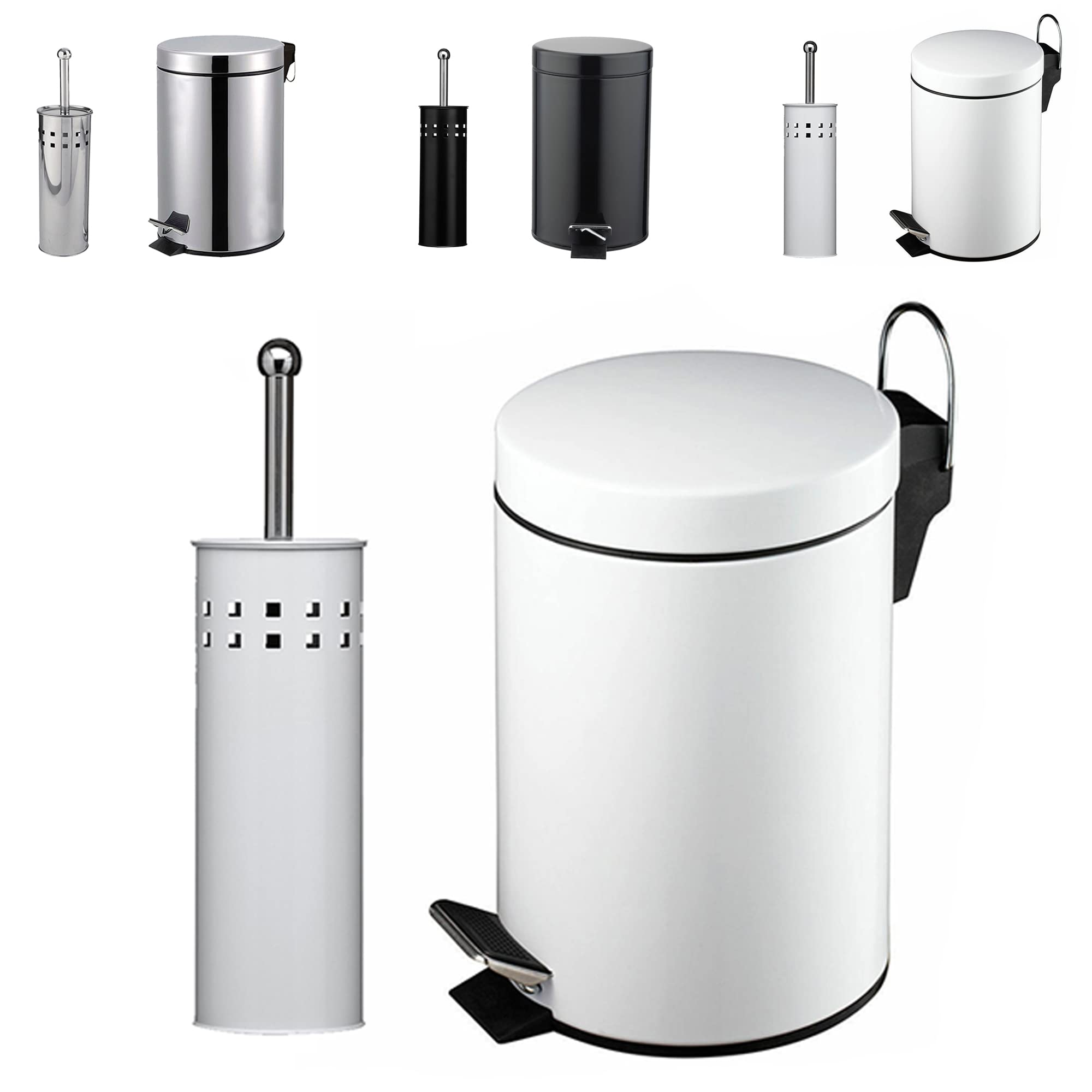 Crystals 3 Liter Stainless Steel Pedal Bin for Kitchen Bathroom Toilet Rubbish + Toilet Brush with Holder (White)