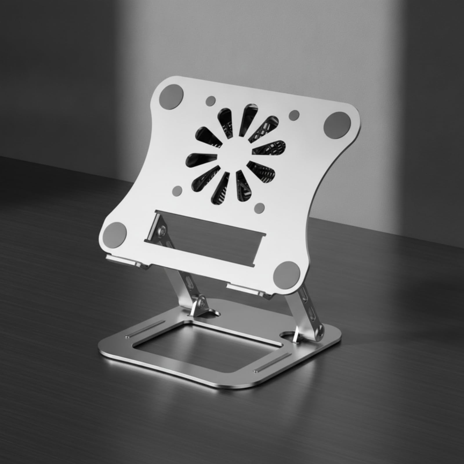 Supporto Laptop Raffreddamento in Acciaio Legato con Silicone Altezza E Angolo Regolabili Base Rotante 360 Gradi, Argento Tecnologico, Pieghevole Con Ventola Di Raffreddamento