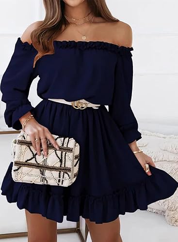 Miniatura 4 de Dokotoo Vestido de primavera 2024 con volantes y hombros descubiertos para mujer, manga larga, cintura elástica, acampanado, casual, mini vestidos
