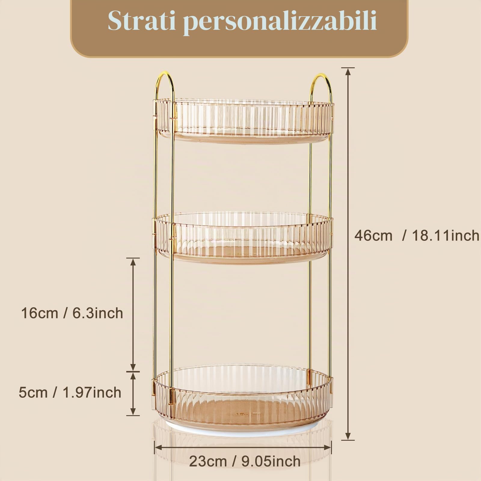 Boxalls Organizer Trucchi Girevole, Porta Trucchi Organizzatore 360° Grande Capacità, Organizer Trucco Bagno, Contenitore Contenitori Trucchi da Tavolo Espositore Creme (3 Ripiani, Ambra)
