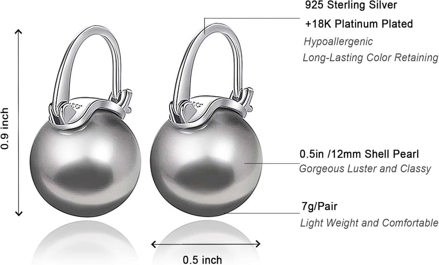 OwMell Elegant 925 Sterling Silver Pearl Drop Earrings Dangle Stud Gold Plated Earrings for Women Large Size 12mm - Image 6