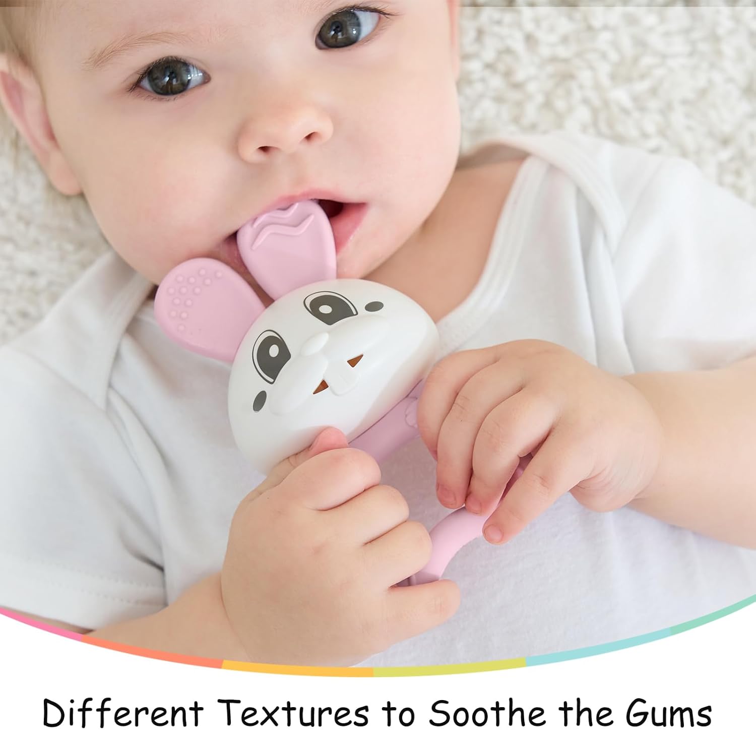 Baby's First Toy with Rattle, Teething Toys for Babies 3 Months+, Mombella Bunny Baby Teether Toys with Clip to Attach, Teething Relief Baby Chew Toys 6-12 Months, Pink