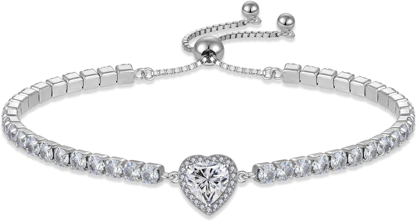Tennis Moissanite Bracelet 925 Sterling Silver 1/2CT Heart Moissanite D Color VVS1 Jewelry Gift for Women (2mm/3mm/4mm/5mm)