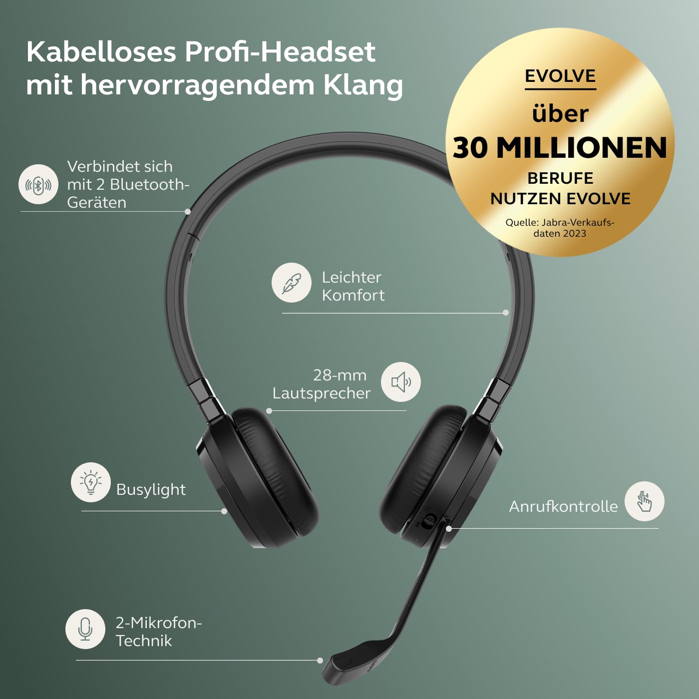 Jabra Evolve 65 TE (3. Ausgabe 2025) Kabelloses Bluetooth-Stereo-Headset mit Geräuschunterdr.-Mikrofon, verbindet 2 Geräte, 16h Akkulaufzeit, USB-A-Adapter, MS Teams-Zertifiziert, Schwarz