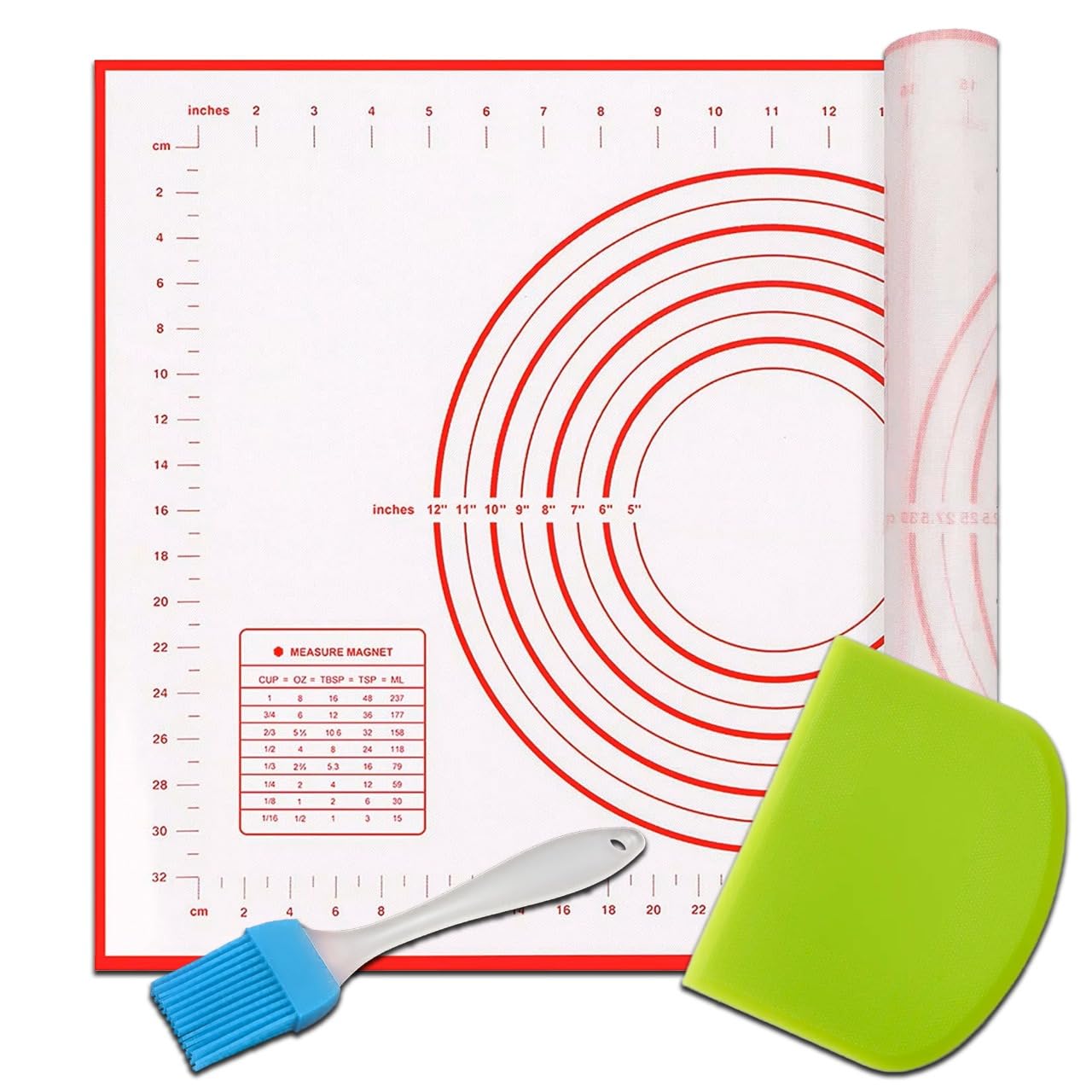 Large Silicone Baking Mat with Dough Scraper & Silicone Brush (40x60 cm), Non-Stick, Heat-Resistant Pastry Mat for Rolling Dough, Fondant & Baking, Ideal Baking Accessories