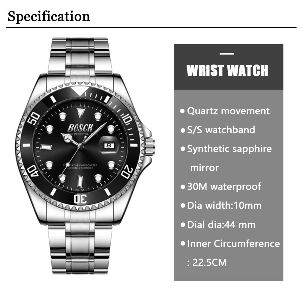 BOSCK Watches for Men,Analog Mens Watch 44mm Large Face Easy Read Stainless Steel Business Watch,Luminous Classic Luxury 30M Waterproof Mens Wrist Watches