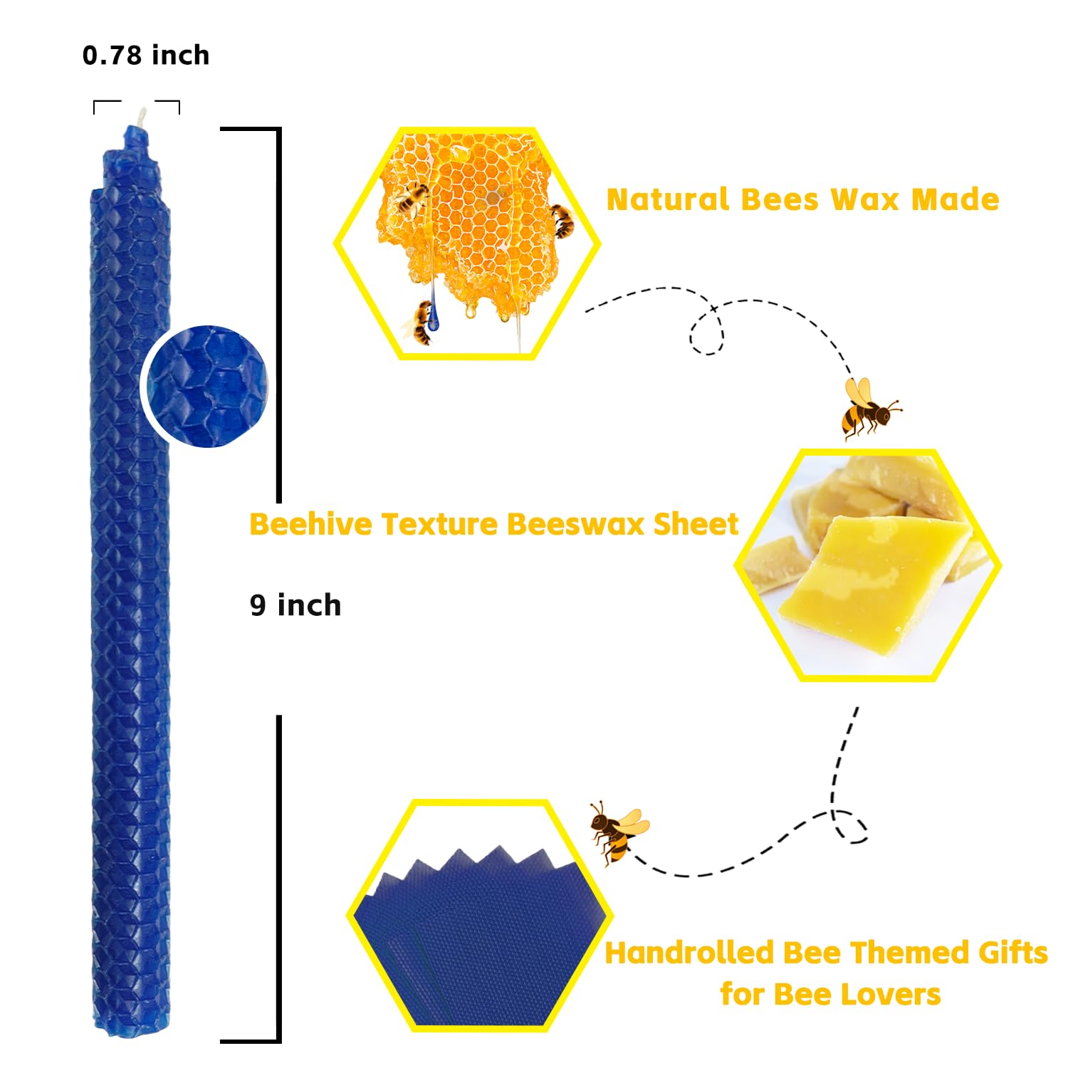 Lacaser Velas cónicas de cera de abeja natural a granel, paquete de 14 unidades, varillas de vela de 9 pulgadas de largo, velas hechas de cera de abeja sin perfume y sin goteo, azul, blanco y verde en