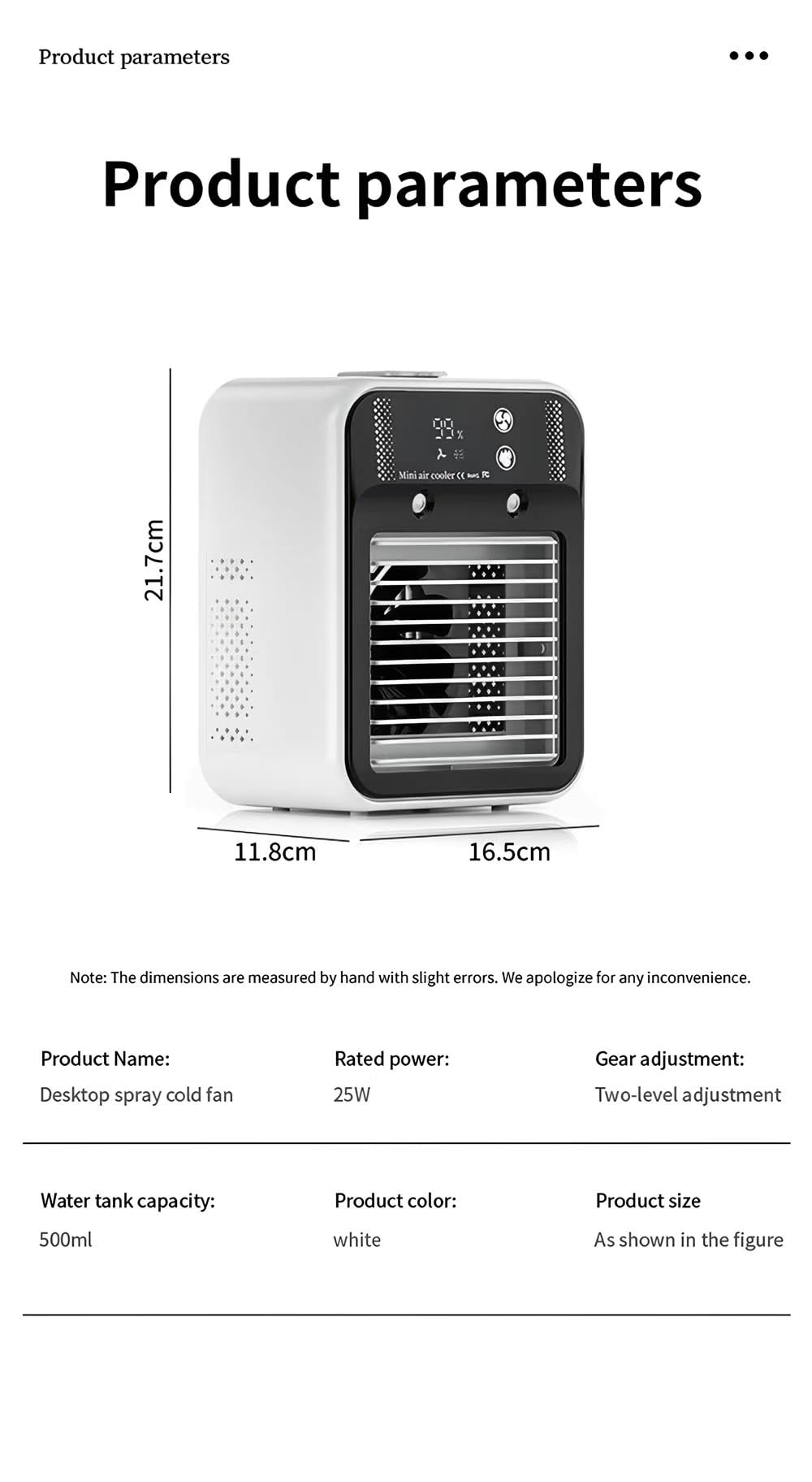 Climatiseur portable, climatiseur portable silencieux 4 en 1, capacité de 500 ml, deux vitesses de ventilation, deux modes de pulvérisation, mini climatiseur, convient aux bureaux Touches Tactiles
