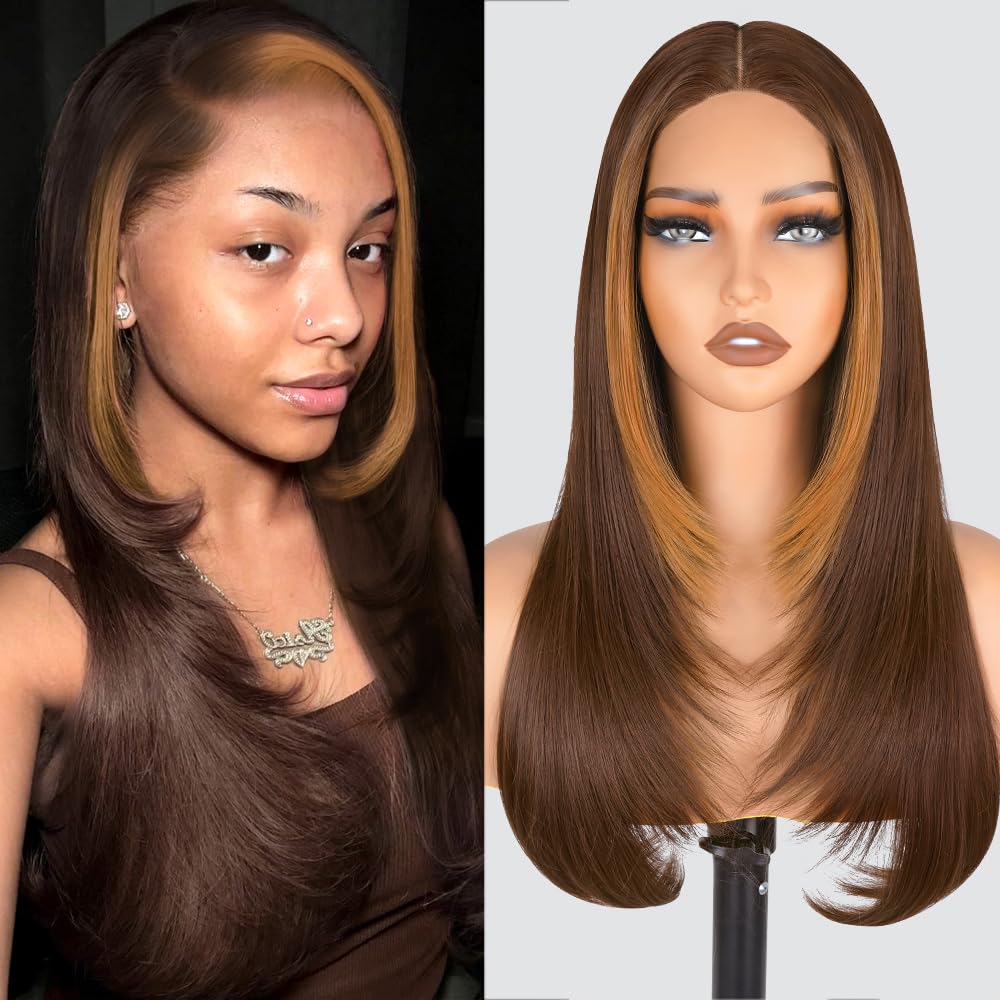 Reddish Brown Layered Lace Front Wigs Wear and Go Glueless Wigs Pre Plucked Pre Cut For Women Copper Red Long Straight Synthetic Lace Front Wigs Layered Cut Hair (Blonde with Brown, 22inch)