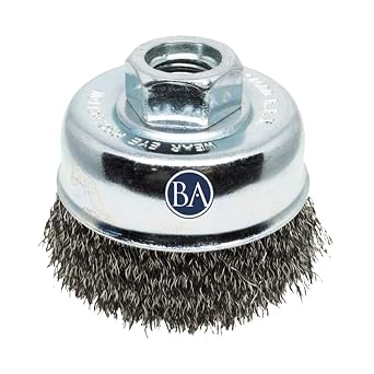 Benchmark Abrasives 2-3/4" Mounted Crimped Wire Cup Brush for Narrow Holes Derusting Paint Removal Deburring, Wire End Brush for Angle Pneumatic Grinder - Stainless Steel
