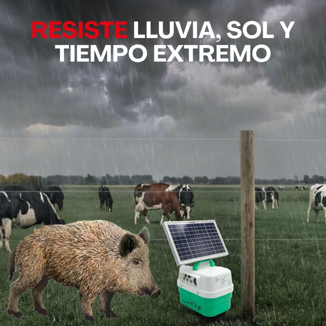 Pastor Eléctrico Solar Crepuscular Llampec Mod.40S – 4,5 J, 10.000 V y 45 km de Alcance – Especial Antijabalí con Sensor de Luz y Panel Solar 12 V 10 W Incluido – Fabricado en España