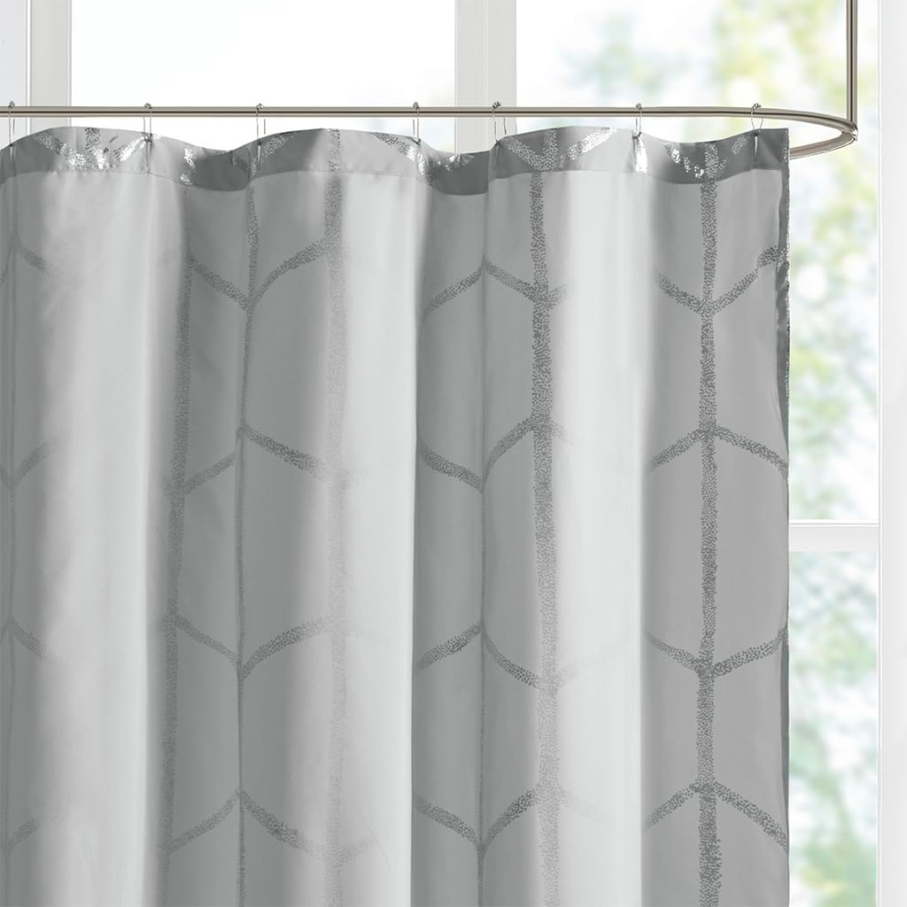Intelligent Design Raina Shower Curtain Printed Geometric Metallic Machine Washable Modern Home Bathroom Decorations, 72" x 72", Grey (ID70-1292)