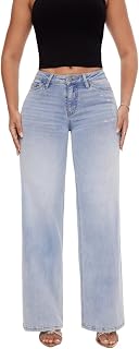 ONESO Women's Mid-Low Rise Baggy Wide Leg Jeans - Stretchy Distressed Denim Pants for Comfortable Relaxed Fit (XS-5XL)