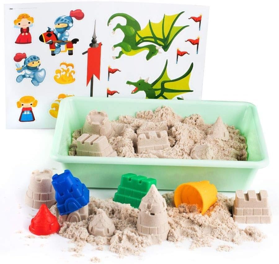 Genio Kids Arena Mágica Natural 1 kg, Arena Castillo y Arenero, Ideal para Juego Creativo y Educativo, Arena Mágica para Niños con 4 Moldes Accesorios