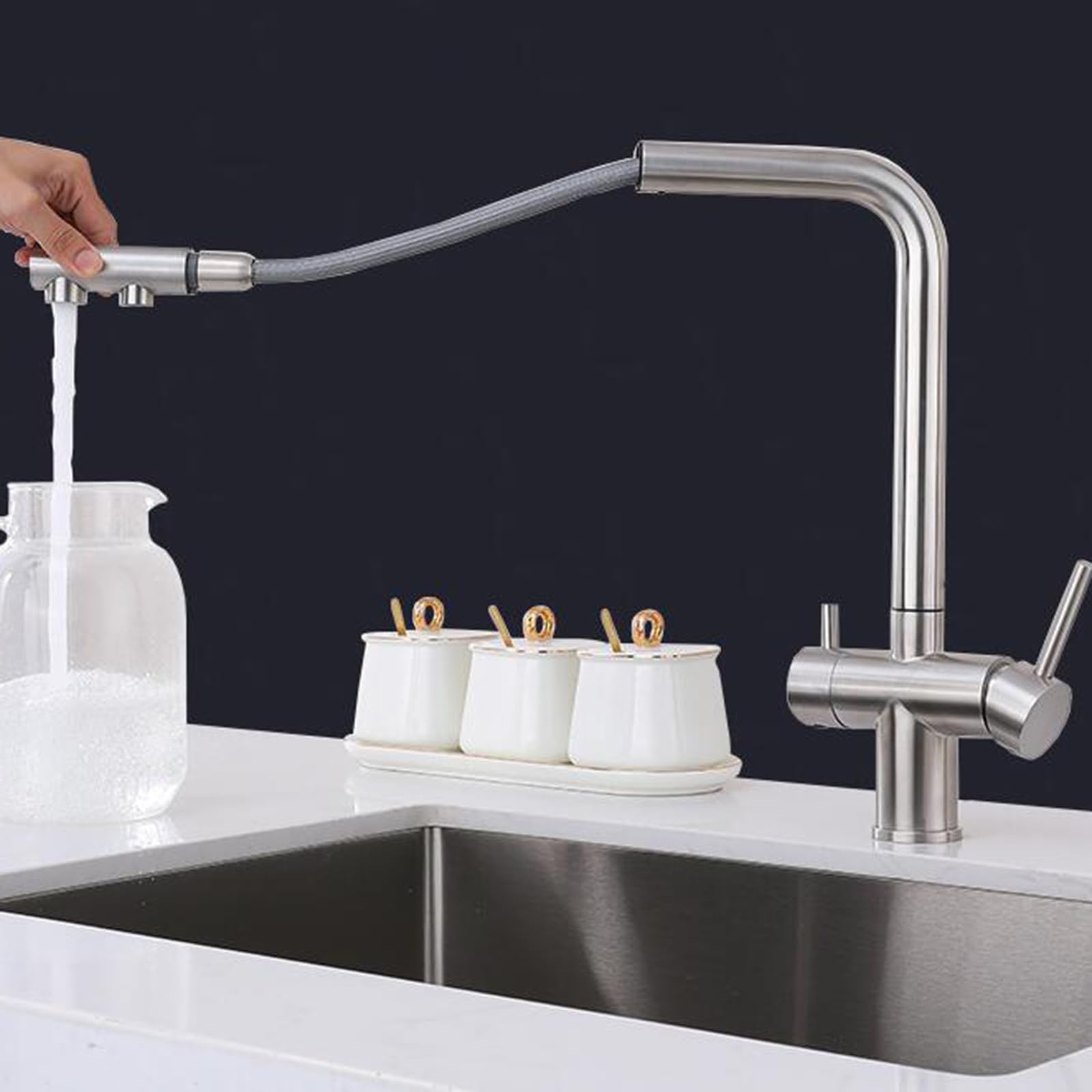 Grifo de Cocina Osmosis 3 Vias Extraible Doble Manija Giratorio de 360 ° Acero Inoxidable-Cepillado
