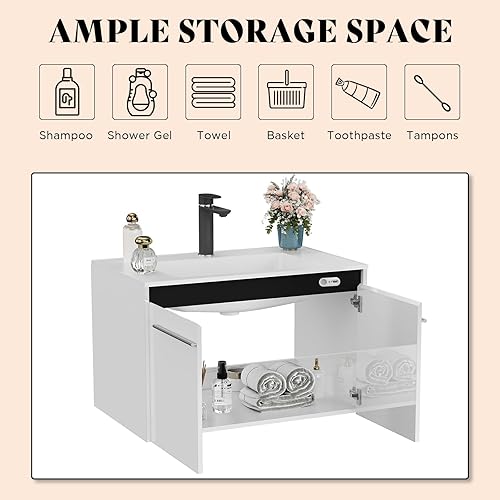 Miniatura 6 de AMERLIFE Tocador de baño flotante LED de 31 pulgadas con fregadero, fregadero individual de alto brillo montado en la pared, gabinete de tocador de