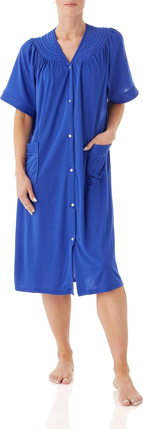 AmeriMark Women Calf-Length Snap Front Duster Bathrobe – Plush Loose-Fitting Housecoat Full Coverage Bath Robe Patch Pockets