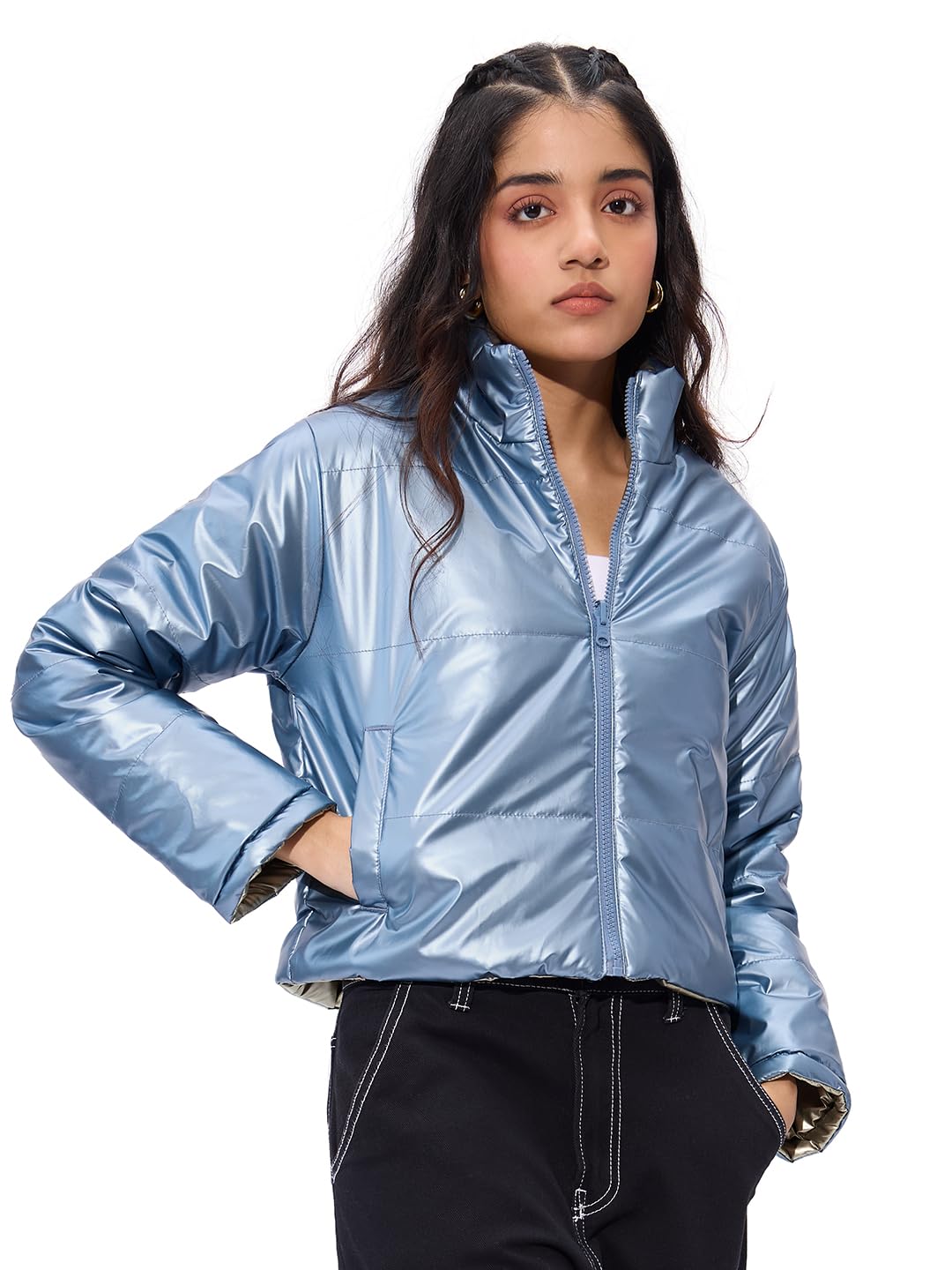 the souled store Solids: Silver Moonshine Women and Girls Long Sleeves Stand Collar Zipper Front Reversible Puffer Jackets-picture-11