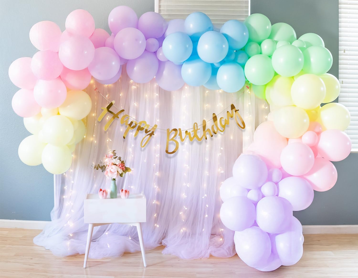 Party Propz Rainbow Theme Happy Birthday Decoration Kit - 58 Pcs Multicolor Birthday Decoration Kit for girls, Pastel Balloons for Decoration, Rainbow theme decoration (Latex)