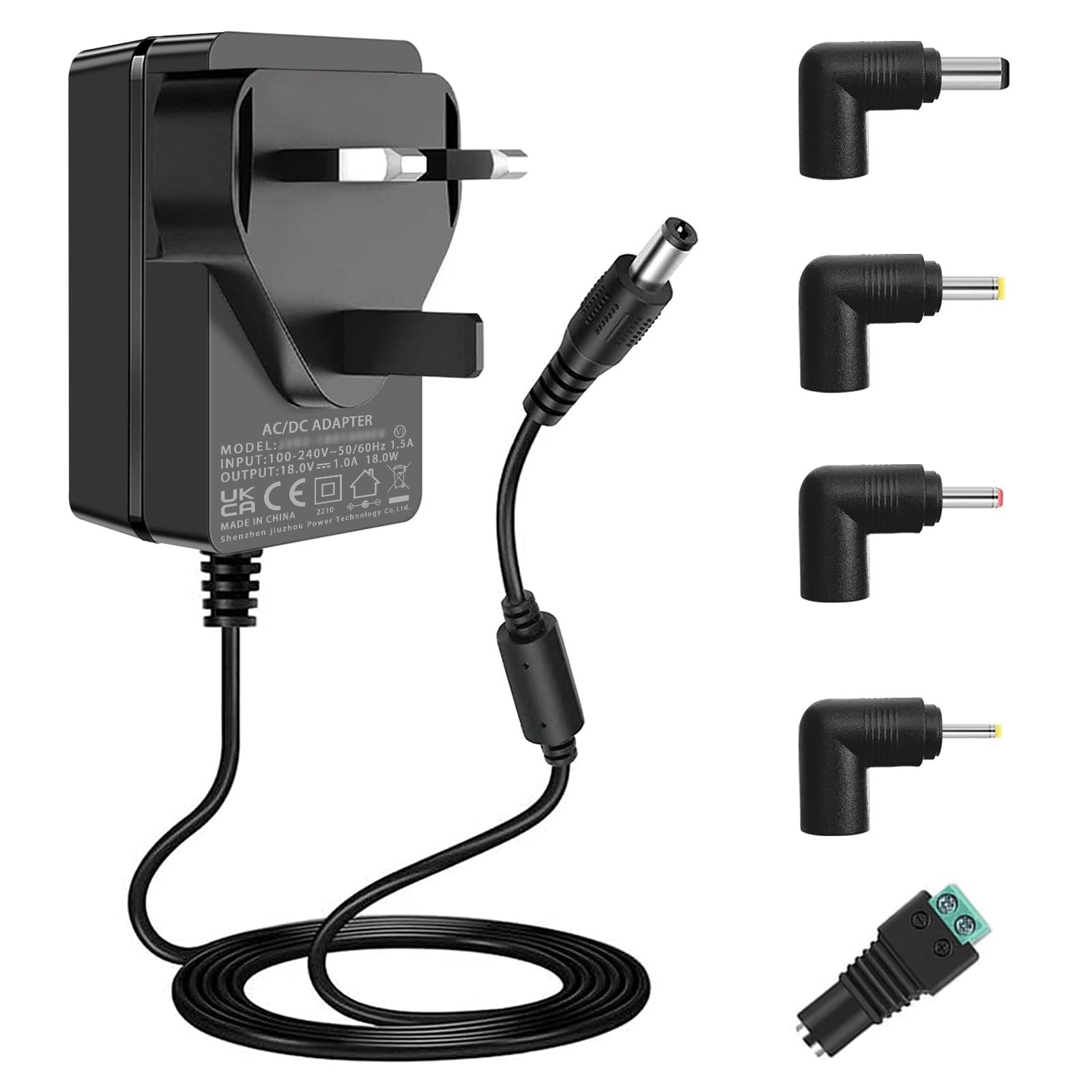 18V 1A DC Power Supply Cord, AC 100-240V Power Adapter for 18Vdc 100mA~1000mA (0.1A 0.15A 0.2A 0.25A 0.3A 0.4A 0.5A 0.6A 0.7A 0.8A 0.9A) with 5 DC Connector. (Not fit 18V Drill Battery Charger)