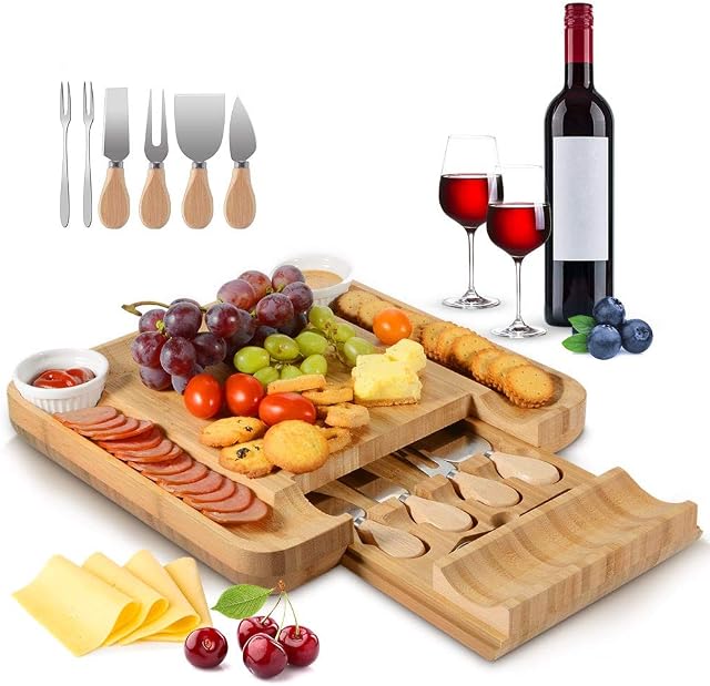 Bamboo Cheese Board, Cheese Tray with Knife Set, Charcuterie Board and Cheese Platter includes 4 Cheese Knives, 2 Ceramic Bowls, 2 Stainless Steel Forks, for Parties, Birthdays or Housewarming